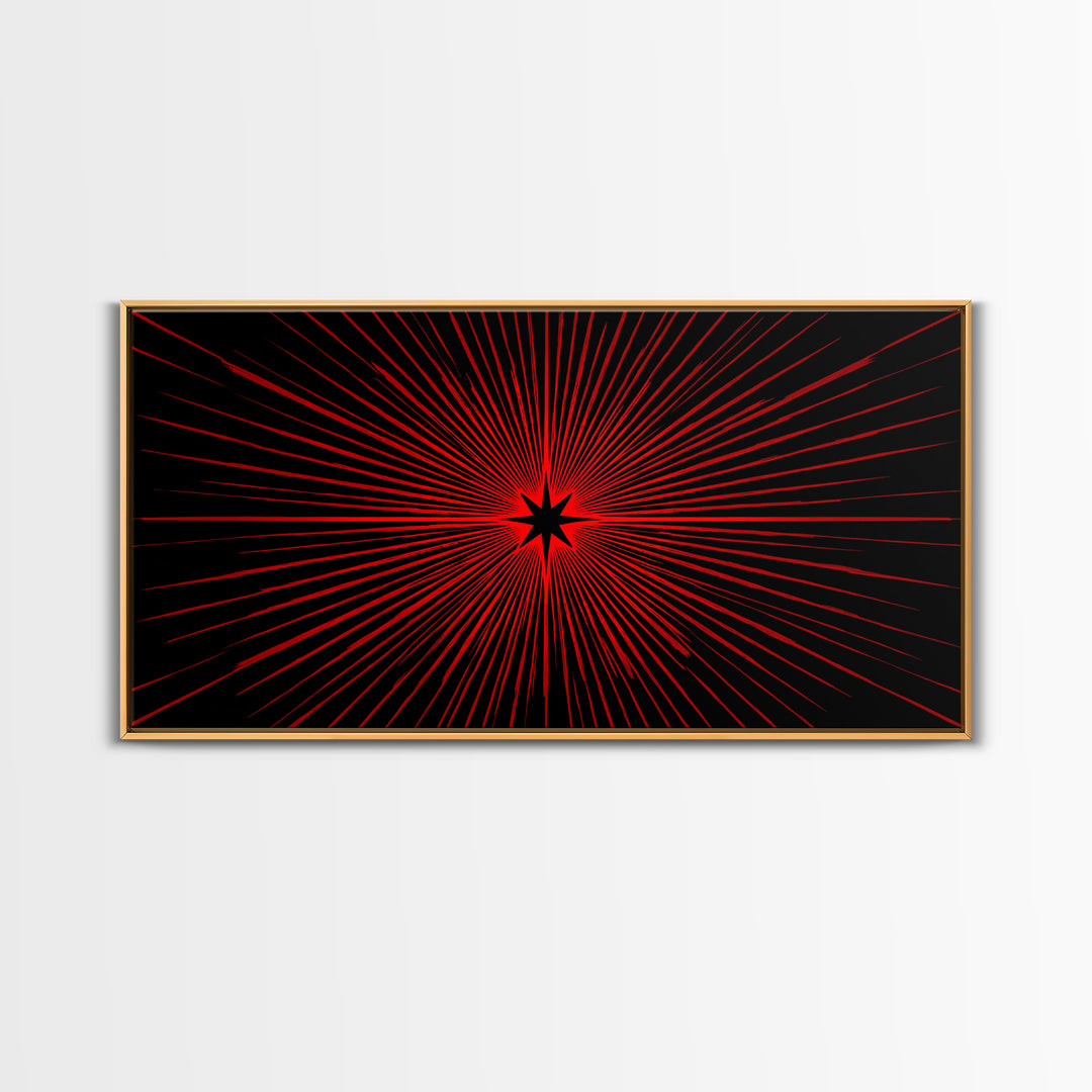 Red Starburst On Black Wall Art, Midcentury Modern Op Art Poster, Atomic Sunburst Canvas Print, Bold Geometric MCM Decor