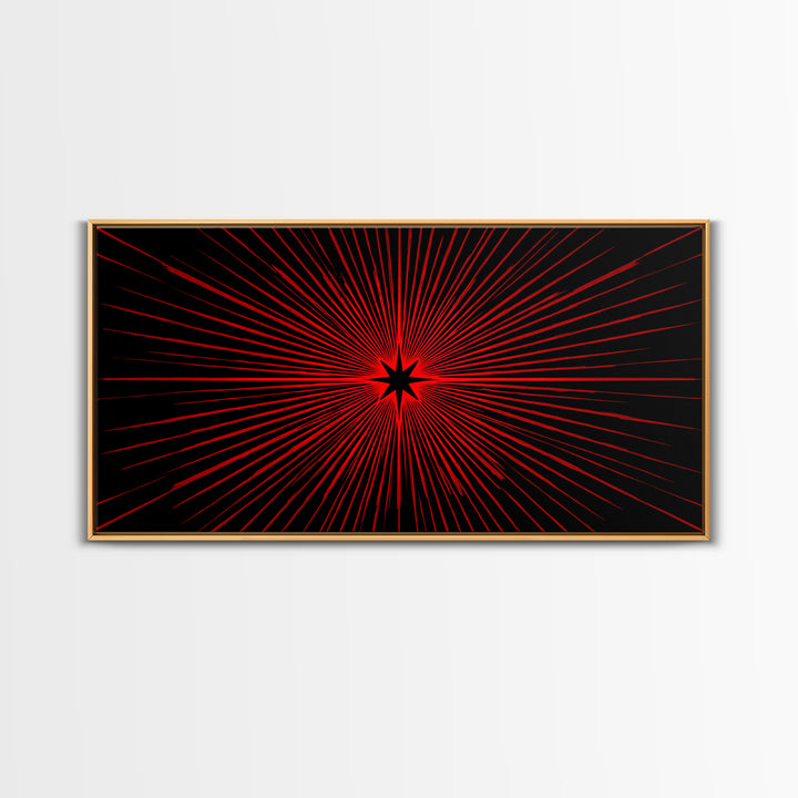 Red Starburst On Black Wall Art, Midcentury Modern Op Art Poster, Atomic Sunburst Canvas Print, Bold Geometric MCM Decor