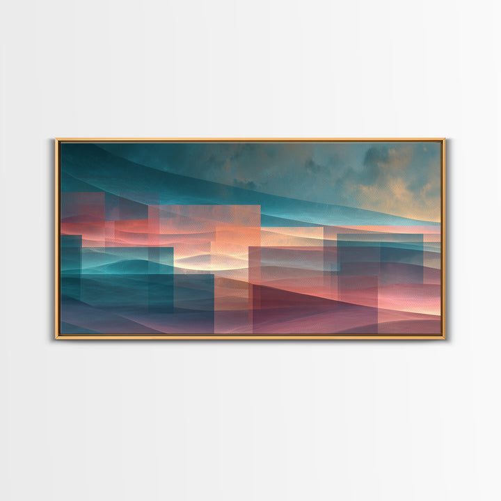 Layered Sunset Mountain Geometry Wall Art, Midcentury Modern Art Print, Teal Pink Landscape Decor, Abstract Home Office Art