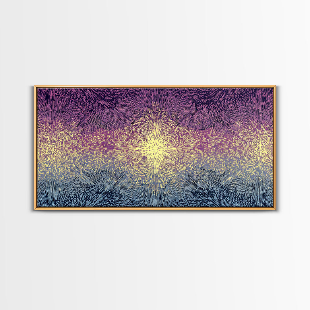 Purple Gold Radiant Burst Wall Art, Midcentury Modern Abstract Print, Spiritual Sun Decor, Funky Geometric Home Office Art
