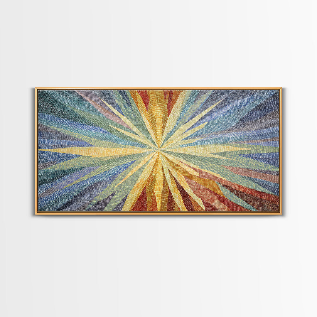 Woven Sunburst Rays Abstract Wall Art, Modern Geometric Art Print, Midcentury Canvas Decor, Blue Yellow Statement Piece Art