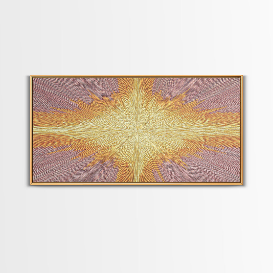Golden Radiant Cross Starburst Framed Canvas Print, Spiritual Wall Art, Modern Christian Abstract Decor, Purple Yellow Art