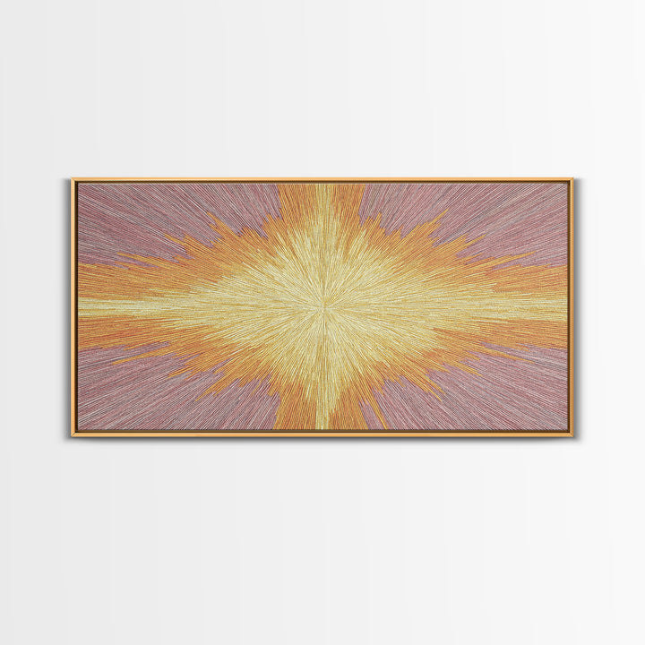 Golden Radiant Cross Starburst Framed Canvas Print, Spiritual Wall Art, Modern Christian Abstract Decor, Purple Yellow Art