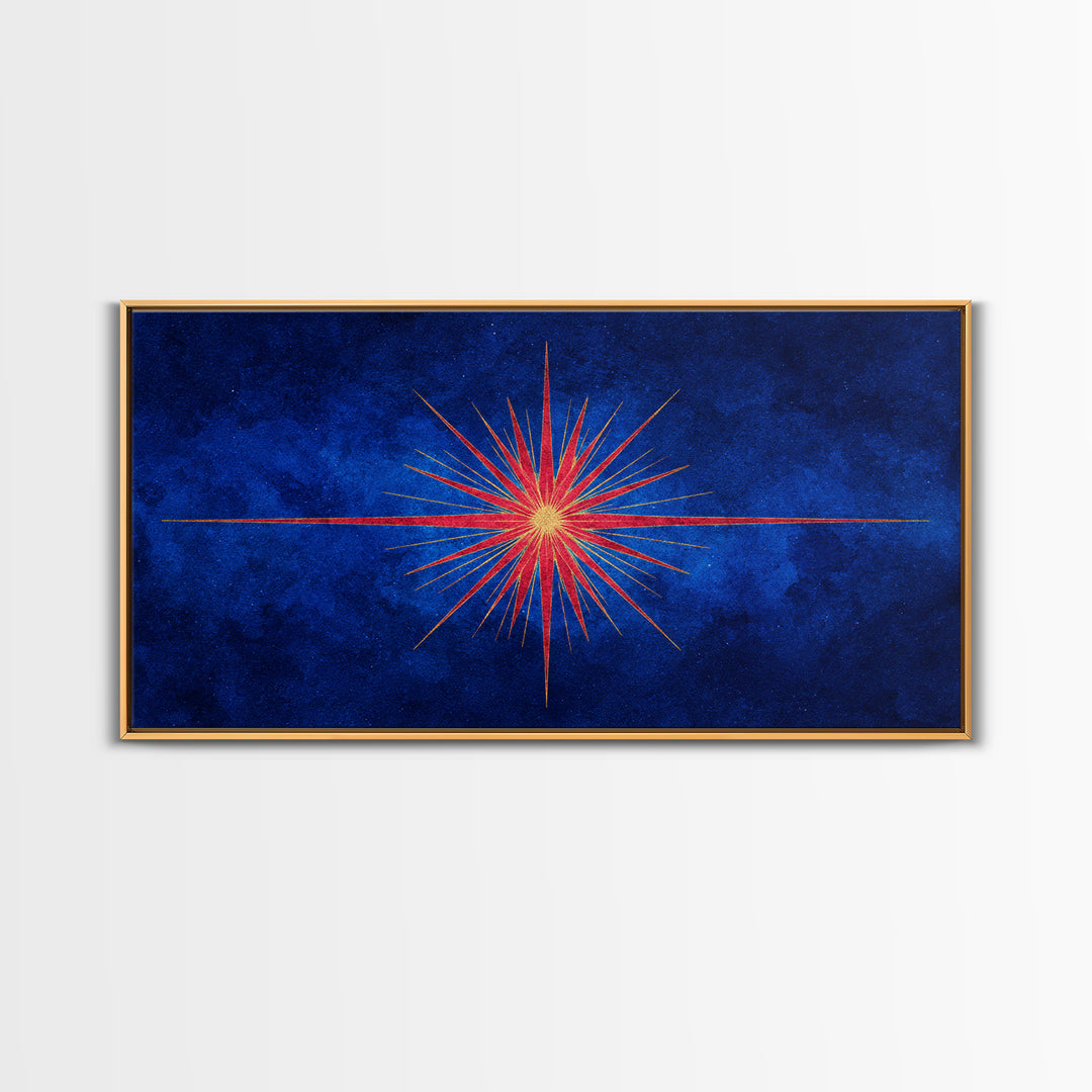 Blue Gold Starburst Framed Canvas Print, Mid Century Modern Atomic Wall Art, Retro Sunburst Poster, Elegant MCM Wall Decor