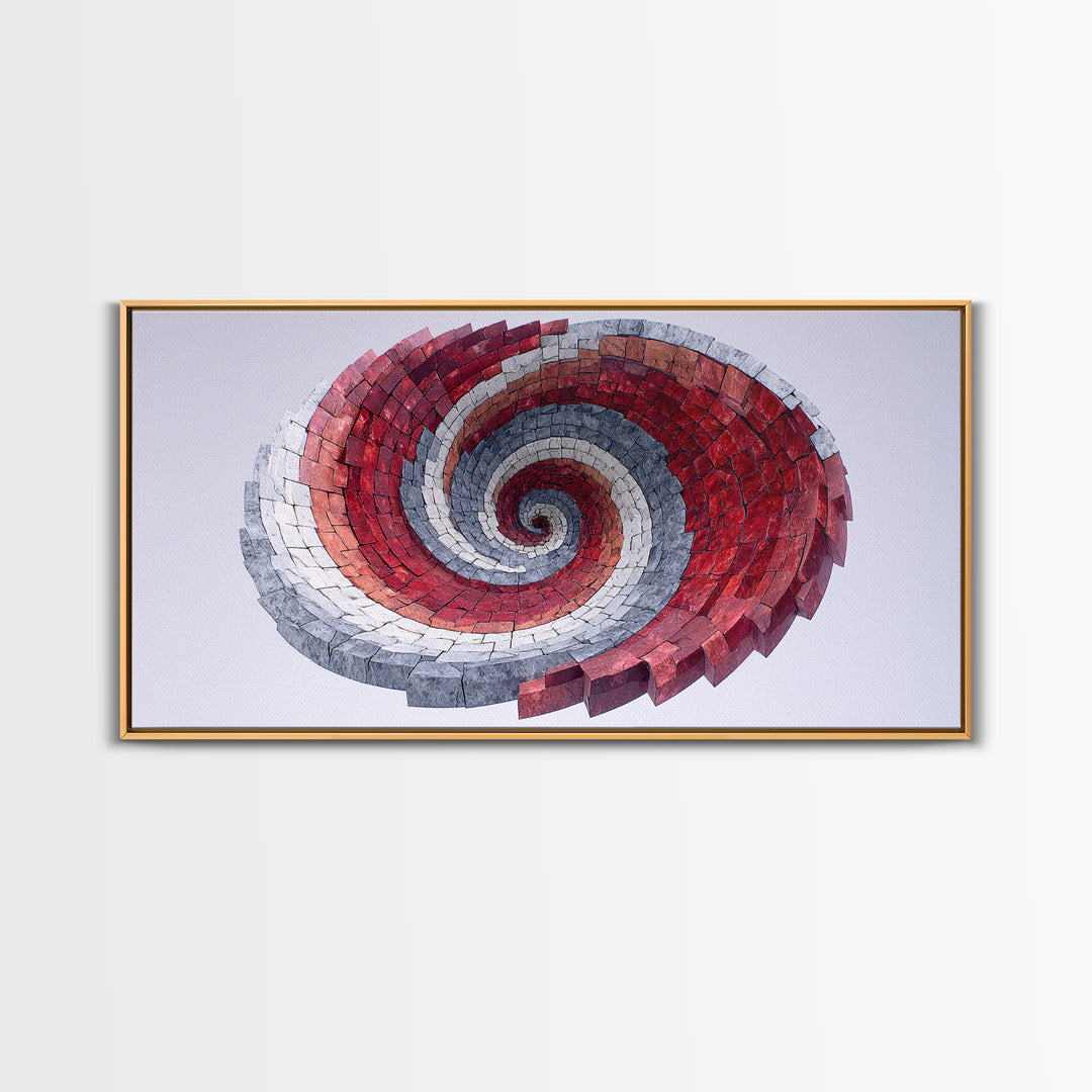 Red Gray Spiral Mosaic Wall Art, Midcentury Modern Abstract Geometric Print, Retro Op Art Decor For Office And Living Room