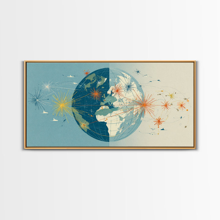 Split Globe Network Wall Art, Midcentury Modern Travel Print, Retro World Map Poster With Starbursts For Home Office Decor