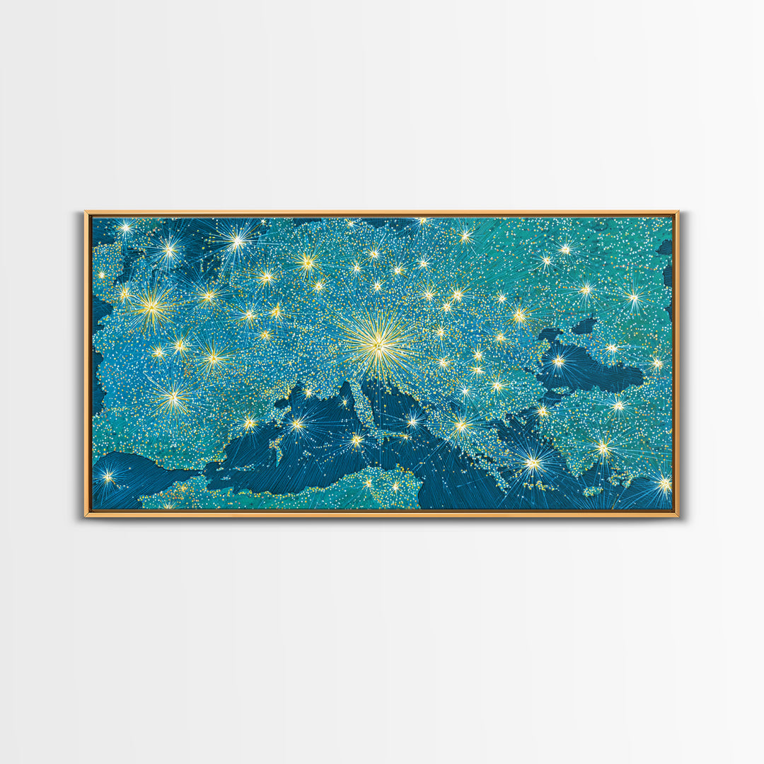 Blue Illuminated World Map Wall Art, Midcentury Modern Travel Print, Global Lights Poster For Office And Living Room Decor