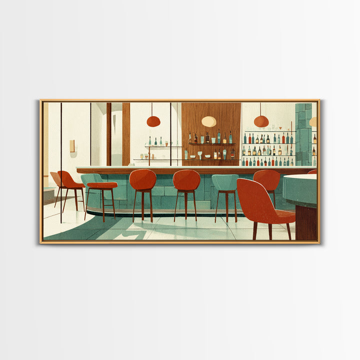 Retro Cocktail Bar With Red Chairs And Teal Cabinets, Mid Century Modern Wall Art, MCM Lounge Decor, Canvas Style Print Gift