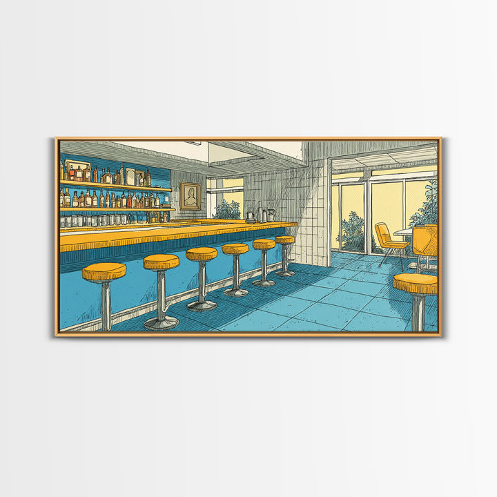 Retro Blue And Yellow Hotel Bar With Round Stools, Mid Century Modern Wall Art, MCM Lounge Decor, Diner Interior Print Poster