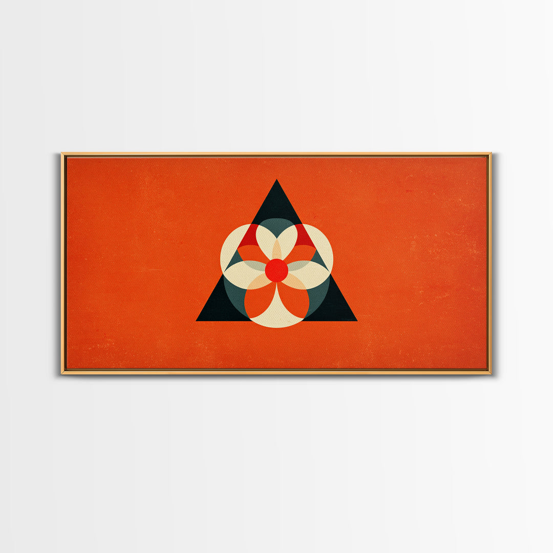 Orange Geometric Flower In Black Triangle, Mid Century Modern Canvas Print, Atomic Bauhaus Wall Decor, Abstract MCM Poster
