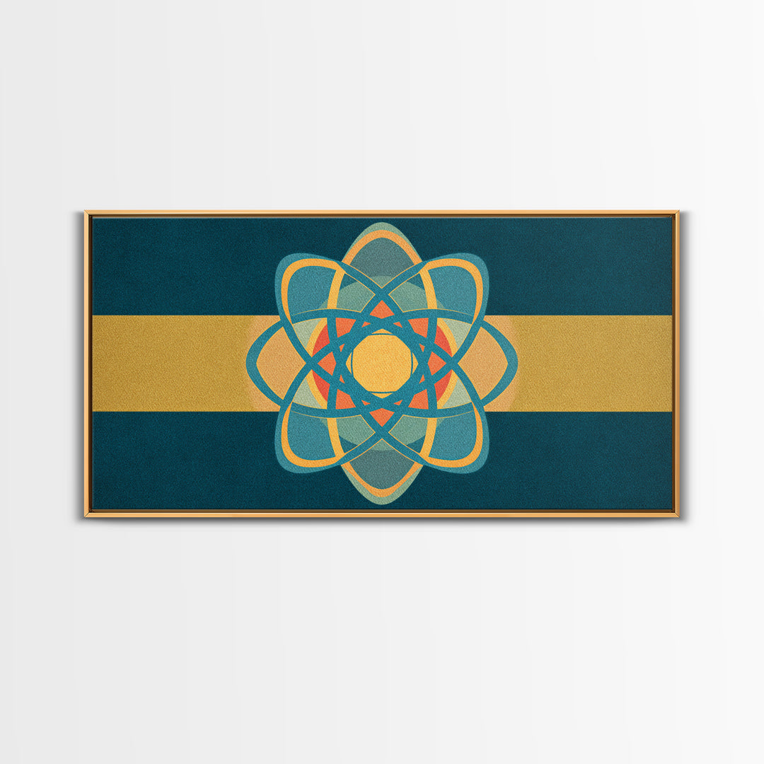Teal And Gold Atomic Orbit Abstract, Mid Century Modern Wall Art, Retro Science Decor, Geometric MCM Canvas Print Poster