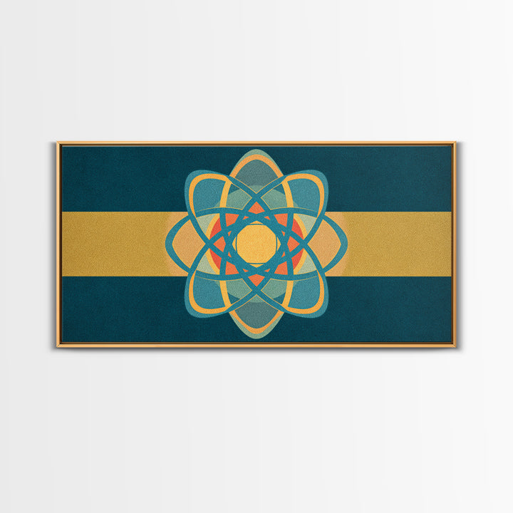 Teal And Gold Atomic Orbit Abstract, Mid Century Modern Wall Art, Retro Science Decor, Geometric MCM Canvas Print Poster