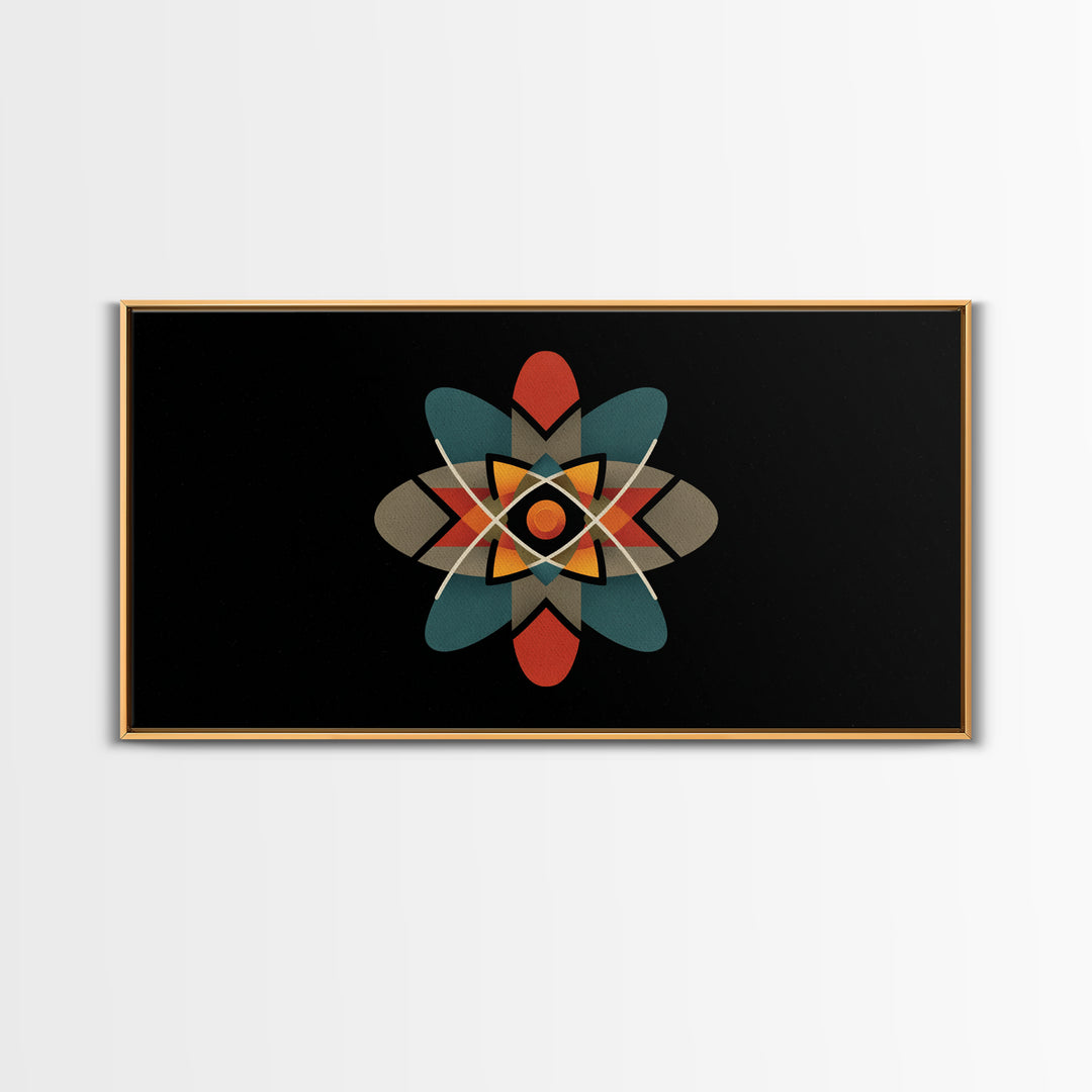 Black Atomic Starburst With Teal Orange Shapes, Mid Century Modern Canvas Print, Retro Space Wall Art, Geometric MCM Decor