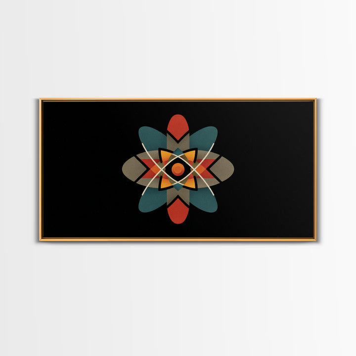 Black Atomic Starburst With Teal Orange Shapes, Mid Century Modern Canvas Print, Retro Space Wall Art, Geometric MCM Decor