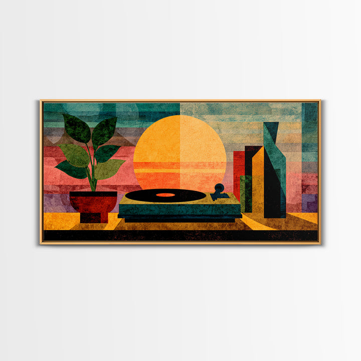 Sunset Turntable Still Life With Plant And Bottles, Mid Century Modern Wall Art, Vinyl Record Decor, Retro Music Canvas Print