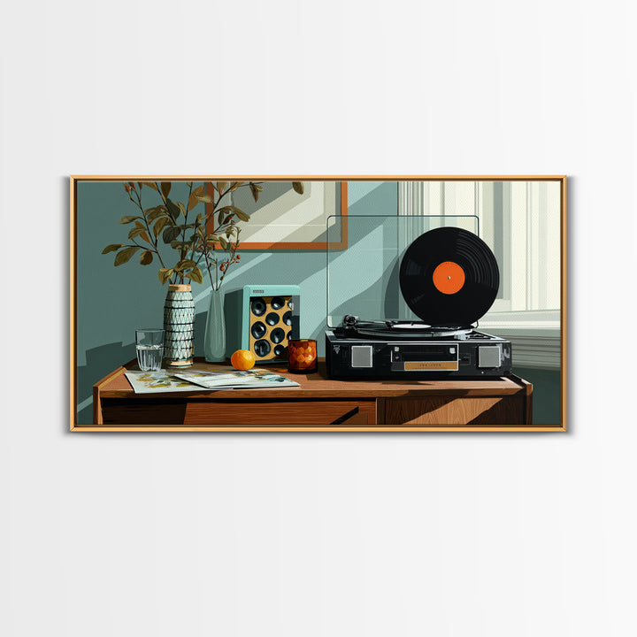 Modern Record Player And Plant Framed Canvas Print, Mid Century Modern Wall Art, Retro Vinyl Decor For Office Or Music Room