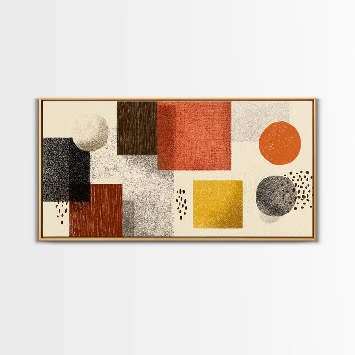 Earth Tone Geometric Shapes Framed Canvas Print, Mid Century Modern Wall Art, Orange Yellow Abstract Decor For Home Office