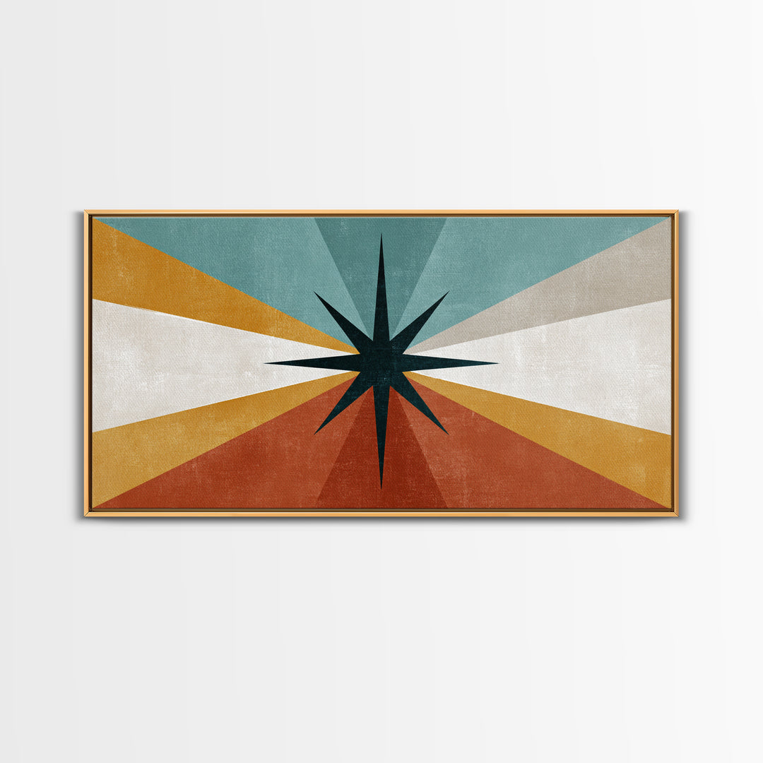 Compass Star Geometric Abstract Wall Art, Mid Century Modern Atomic Poster, Retro MCM Canvas Print, Teal Orange Wall Decor