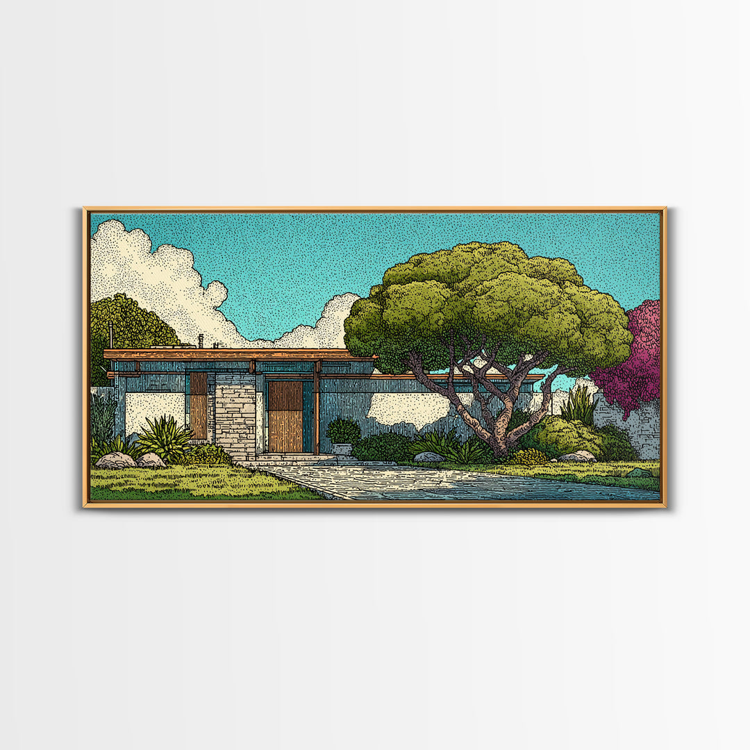 Mid Century Modern House Landscape Wall Art, Retro Architecture Poster, Palm Springs Style Home Decor, Colorful Garden Print