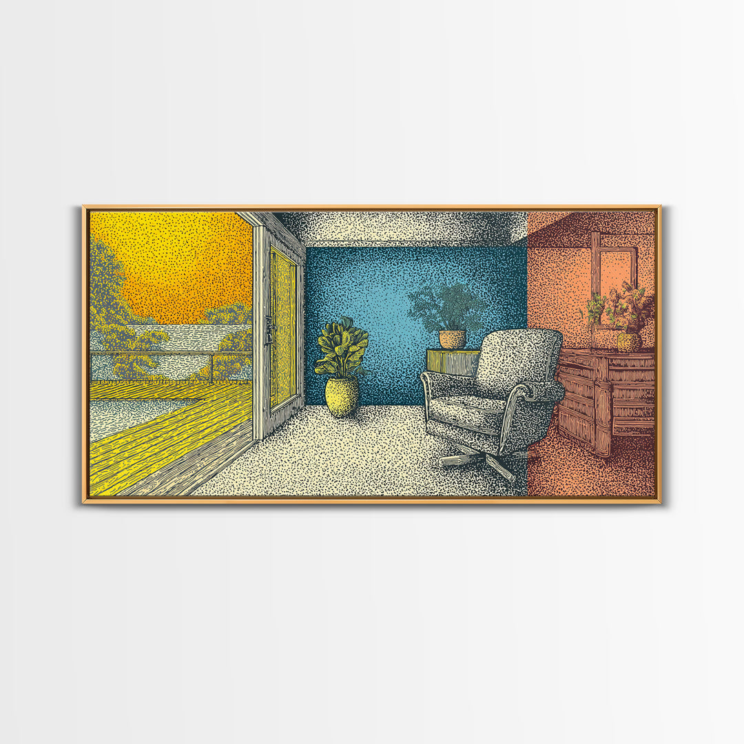 Sunny Midcentury Balcony Interior With Lake View Wall Art, Retro Modern Decor, MCM Living Room Art, Yellow Blue Canvas Print
