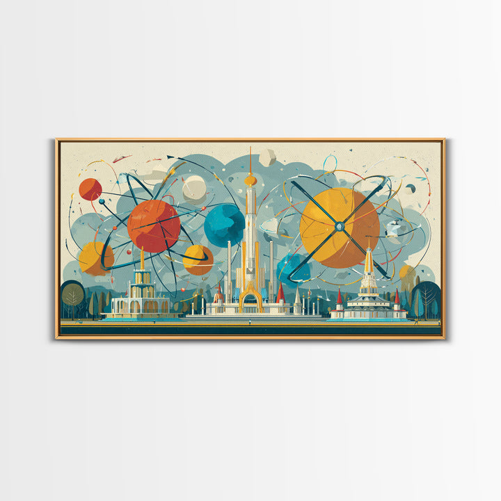 Atomic Planets Over Futuristic Fair City Wall Art, Midcentury Modern Art, Retro Space Poster, MCM Decor, Geometric Canvas Print