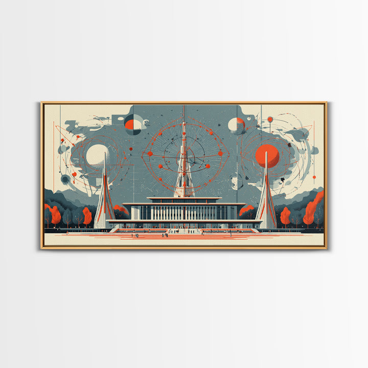 Modernist Atomic Pavilion With Red Orbit Diagrams Wall Art, Midcentury Modern Decor, Bauhaus Poster, Framed Canvas Print