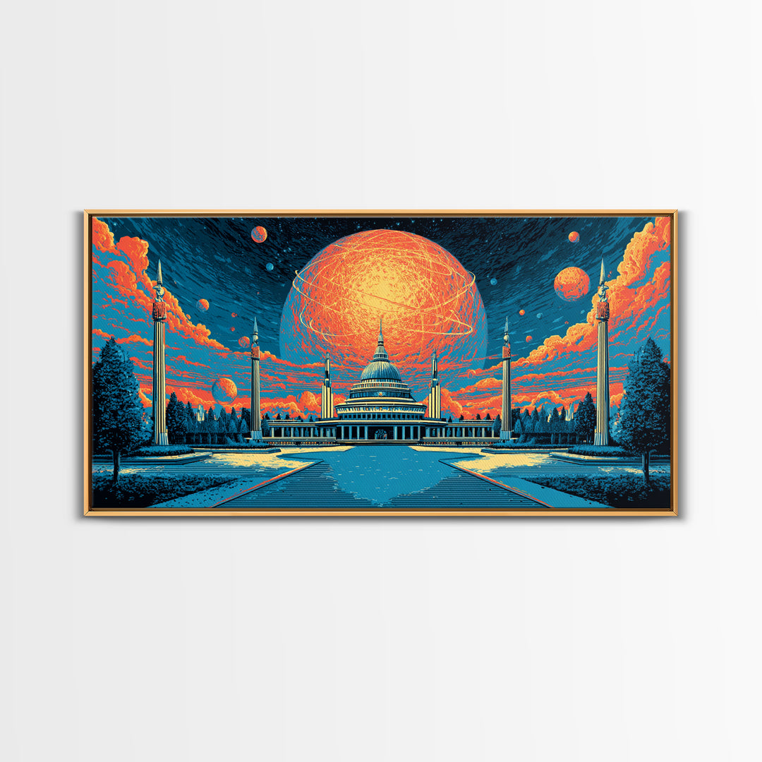 Glowing Orange Planet Over Capitol Skyline Wall Art, Retro Sci Fi Poster, Washington DC Decor, Atomic Midcentury Canvas Print