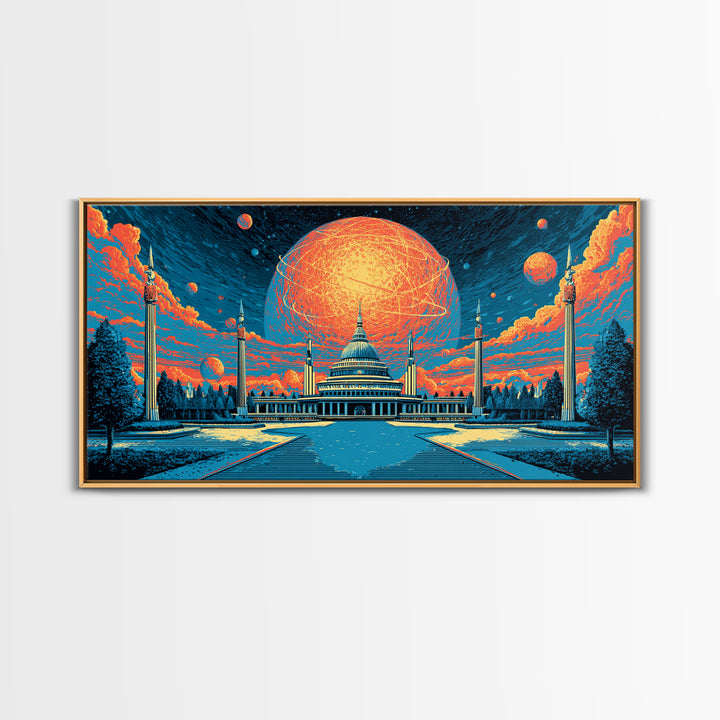 Glowing Orange Planet Over Capitol Skyline Wall Art, Retro Sci Fi Poster, Washington DC Decor, Atomic Midcentury Canvas Print