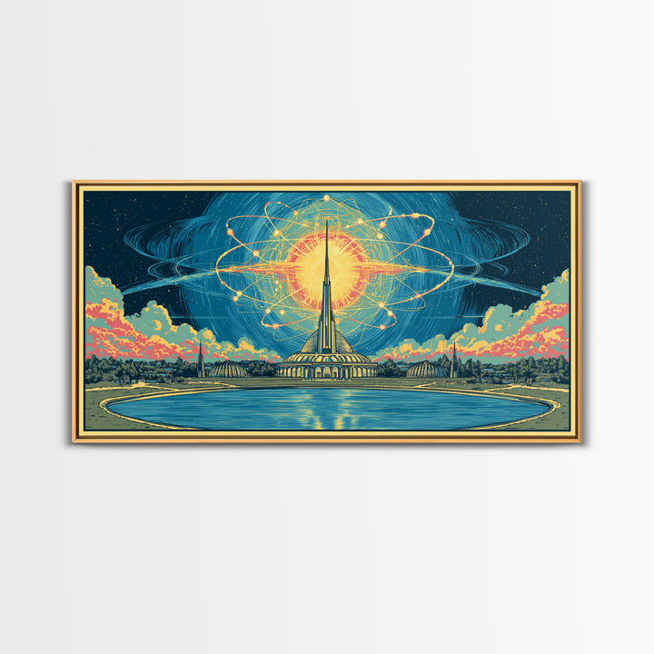 Atomic Sun Above Futuristic Tower And Reflecting Pool Wall Art, Midcentury Modern Decor, Retro Space Framed Canvas Print