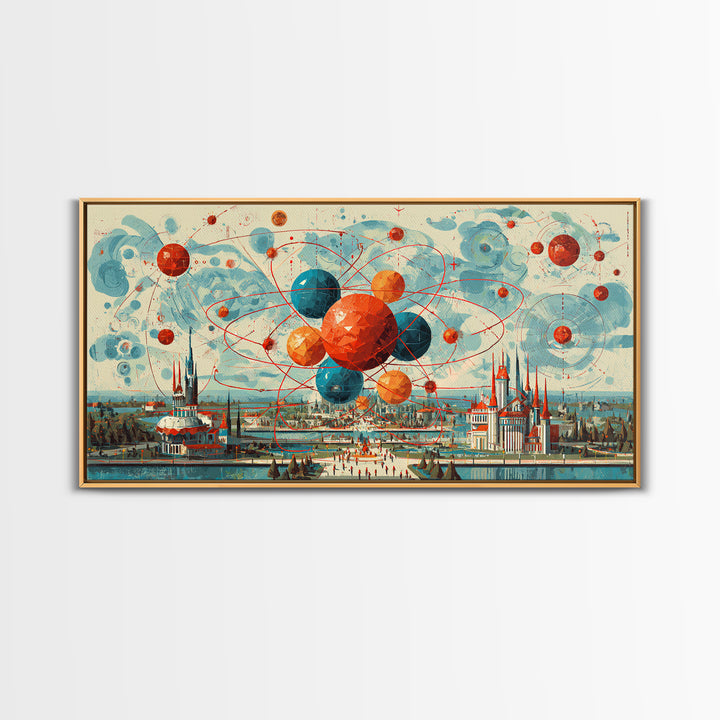 Giant Atomic Spheres Above Worlds Fair City Wall Art, Midcentury Modern Art, Retro Science Poster, MCM Decor, Framed Canvas Print