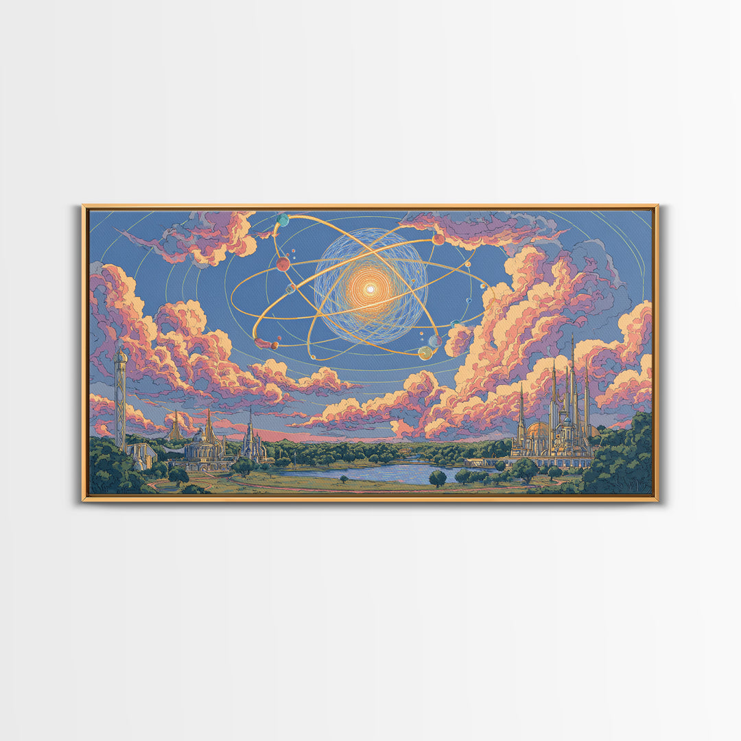 Pastel Atomic Sky Over River And Future Cities Wall Art, Retro Modern Decor, Midcentury Art Print, Pink Blue Framed Canvas Print