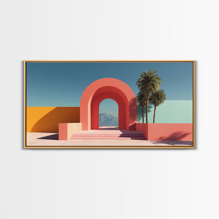 Pink Desert Archway With Palms And Mountain View Wall Art, Midcentury Modern Palm Springs Decor, Retro Landscape Print Poster