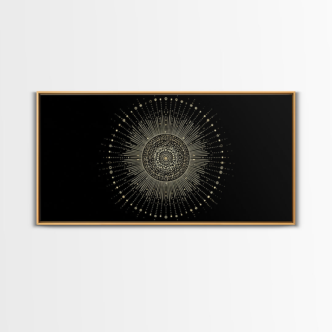 Gold Radiant Sunburst Wall Art, Midcentury Modern Art, Black Gold Frame Decor, Celestial Geometric Print, Retro Home Decor