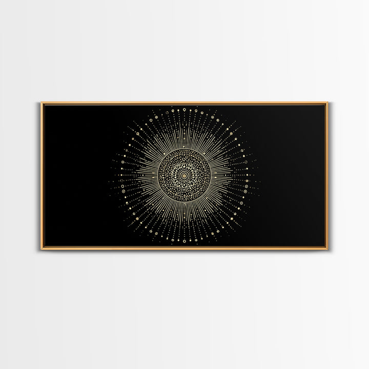 Gold Radiant Sunburst Wall Art, Midcentury Modern Art, Black Gold Frame Decor, Celestial Geometric Print, Retro Home Decor