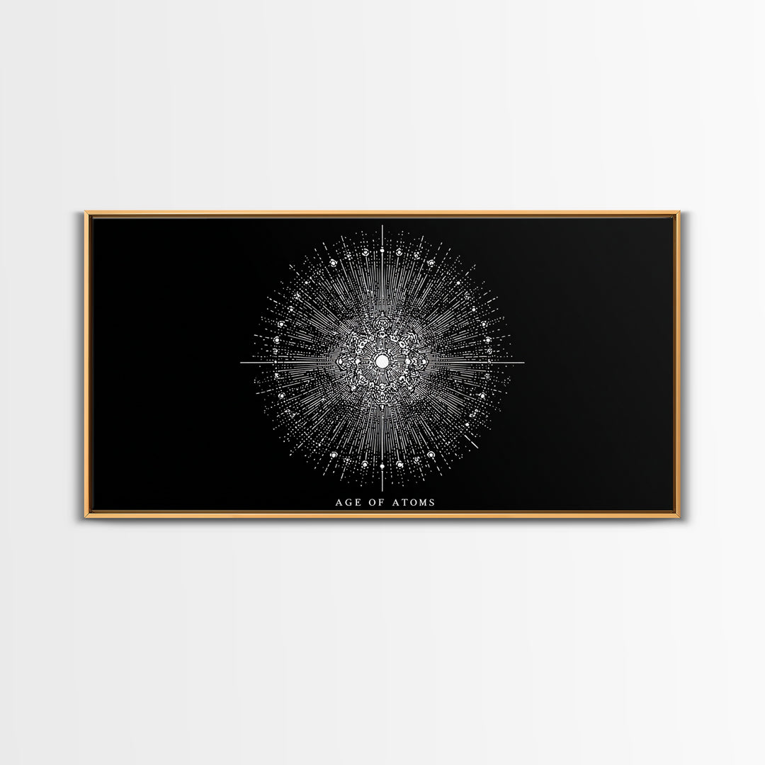 Age Of Atoms Starburst Wall Art, Midcentury Modern Art, Black White Space Poster, Atomic Retro Print, Science Wall Decor