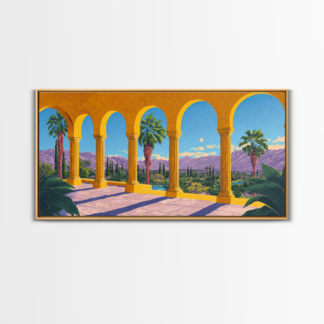 Golden Arcade Arches With Palms And Purple Mountains Wall Art, Midcentury Modern Travel Poster, Retro Palm Springs Decor