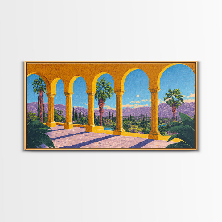 Golden Arcade Arches With Palms And Purple Mountains Wall Art, Midcentury Modern Travel Poster, Retro Palm Springs Decor