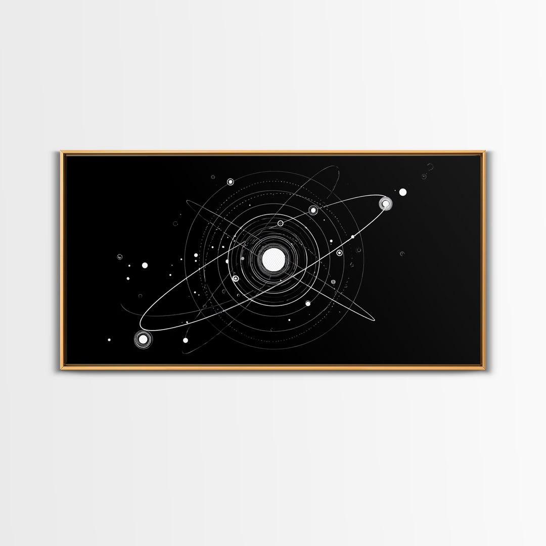 White Orbital Solar System On Black Canvas Print, Space Abstract Art, Atomic Midcentury Decor, Sci Fi Office Wall Decor Print