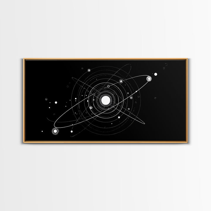 White Orbital Solar System On Black Canvas Print, Space Abstract Art, Atomic Midcentury Decor, Sci Fi Office Wall Decor Print