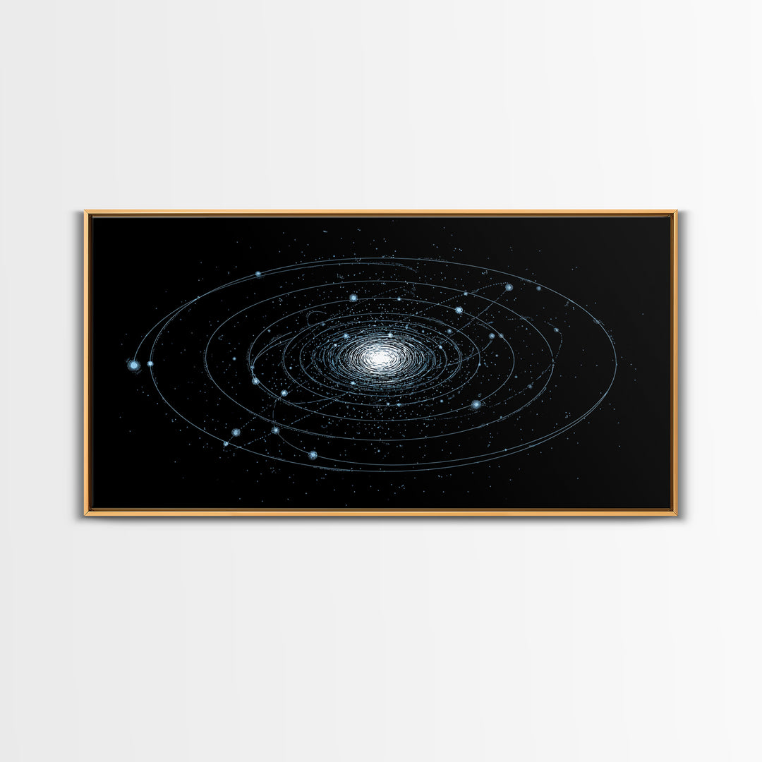 Blue Spiral Galaxy Orbits On Black Canvas Print, Space Abstract Wall Art, Cosmic Modern Decor, Sci Fi Office Poster Print