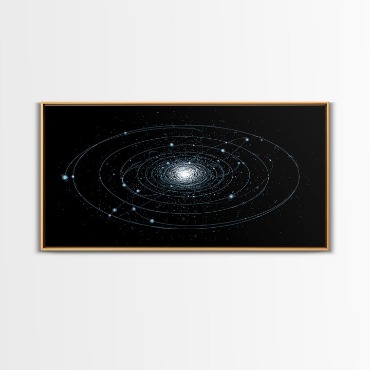 Blue Spiral Galaxy Orbits On Black Canvas Print, Space Abstract Wall Art, Cosmic Modern Decor, Sci Fi Office Poster Print