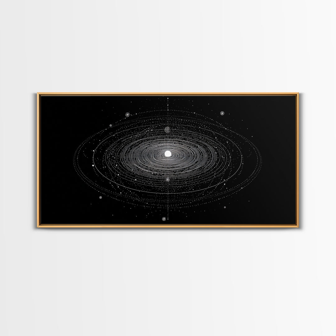 Black White Planetary Orbit Rings Canvas Print, Space Abstract Art, Minimal Modern Wall Decor, Sci Fi Office Poster Print
