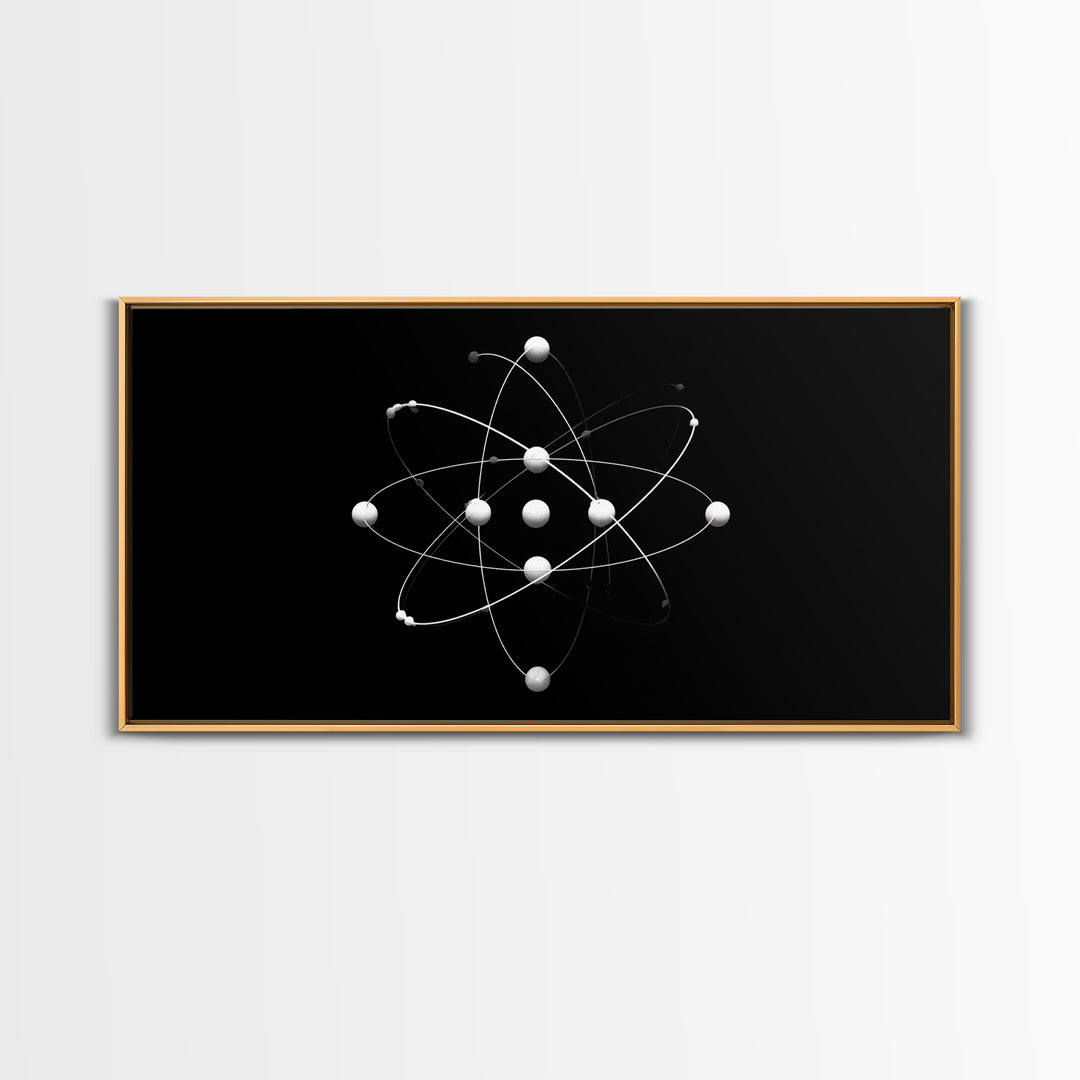 White Atomic Model On Black Canvas Print, Science Space Wall Art, Midcentury Modern Decor, Minimalist Office Poster Print