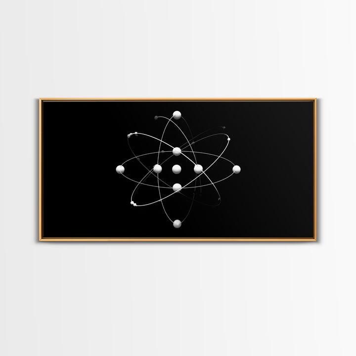 White Atomic Model On Black Canvas Print, Science Space Wall Art, Midcentury Modern Decor, Minimalist Office Poster Print