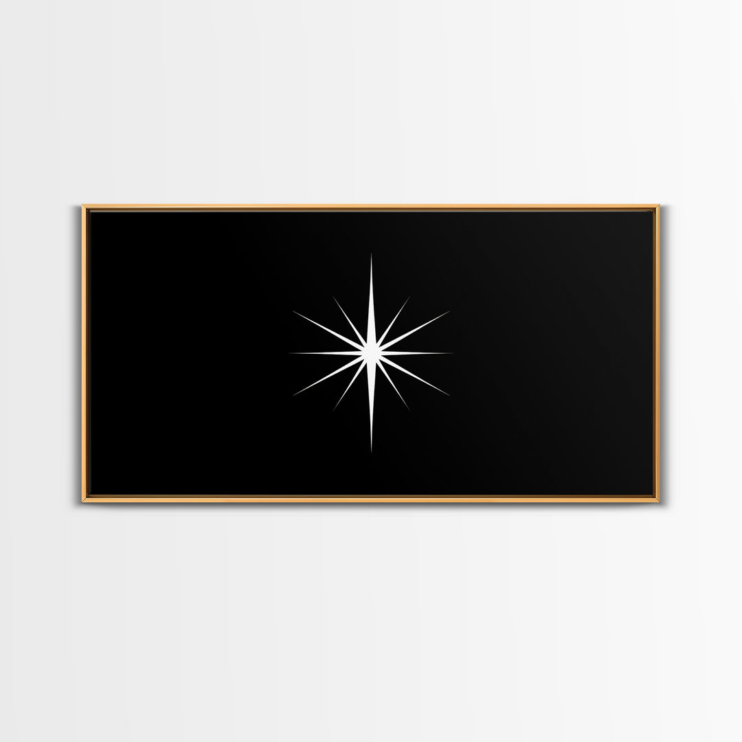 Minimal White Compass Star On Black Canvas Print, Atomic Midcentury Wall Art, Modern Abstract Decor, Office Poster Print