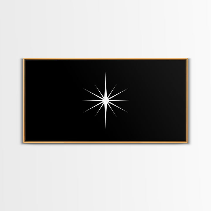 Minimal White Compass Star On Black Canvas Print, Atomic Midcentury Wall Art, Modern Abstract Decor, Office Poster Print