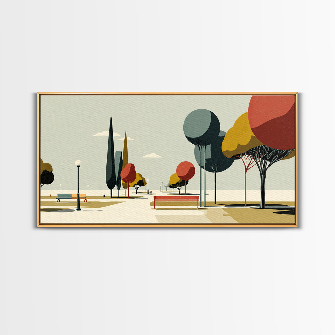 Colorful Park Promenade Canvas Print, Midcentury Modern Wall Art, Retro Landscape Poster, Scenic Home Office Decor Print Gift
