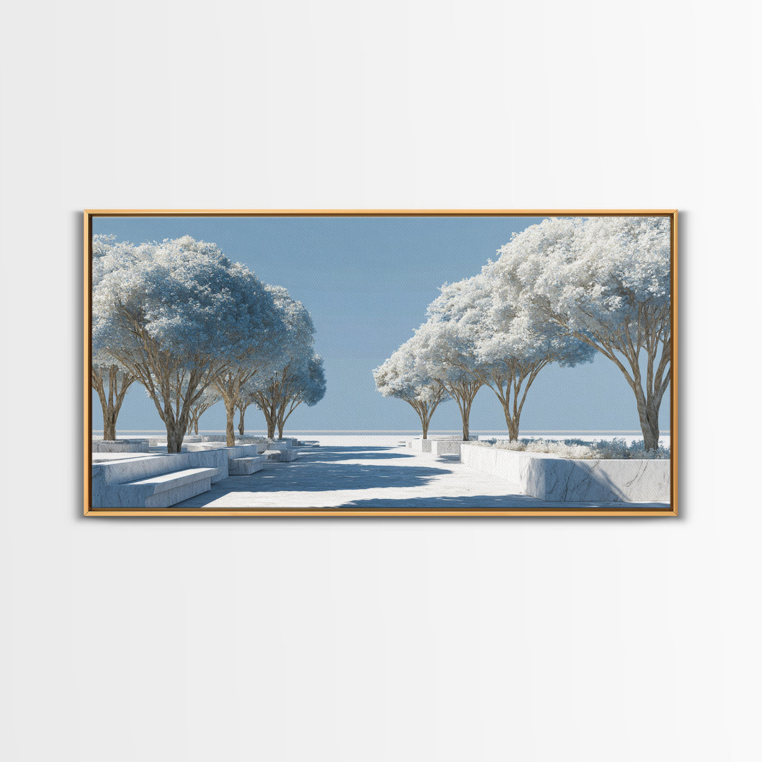 White Winter Tree Promenade Wall Art, Modern Coastal Landscape Print, Minimalist Blue Scenic Decor, Calm Living Room Poster