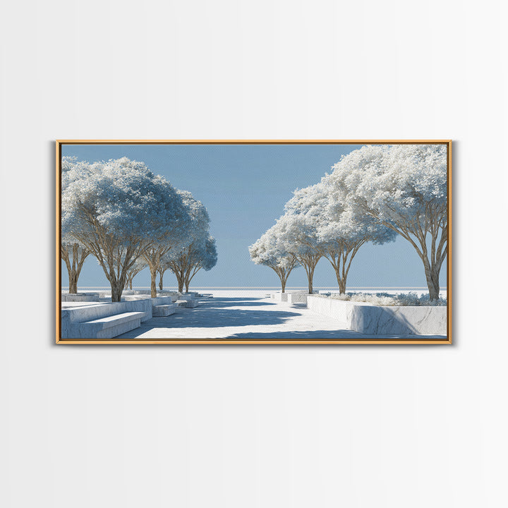 White Winter Tree Promenade Wall Art, Modern Coastal Landscape Print, Minimalist Blue Scenic Decor, Calm Living Room Poster