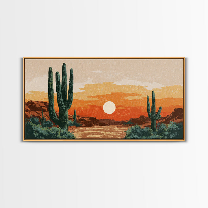 Saguaro Desert Sunset Canvas Print, Midcentury Wall Art, Retro Southwestern Decor, Orange Cactus Landscape Poster Gift For Home